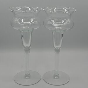 Set of 2 Princess House Heritage Hand Blown Scalloped Crystal Candle Holders VTG